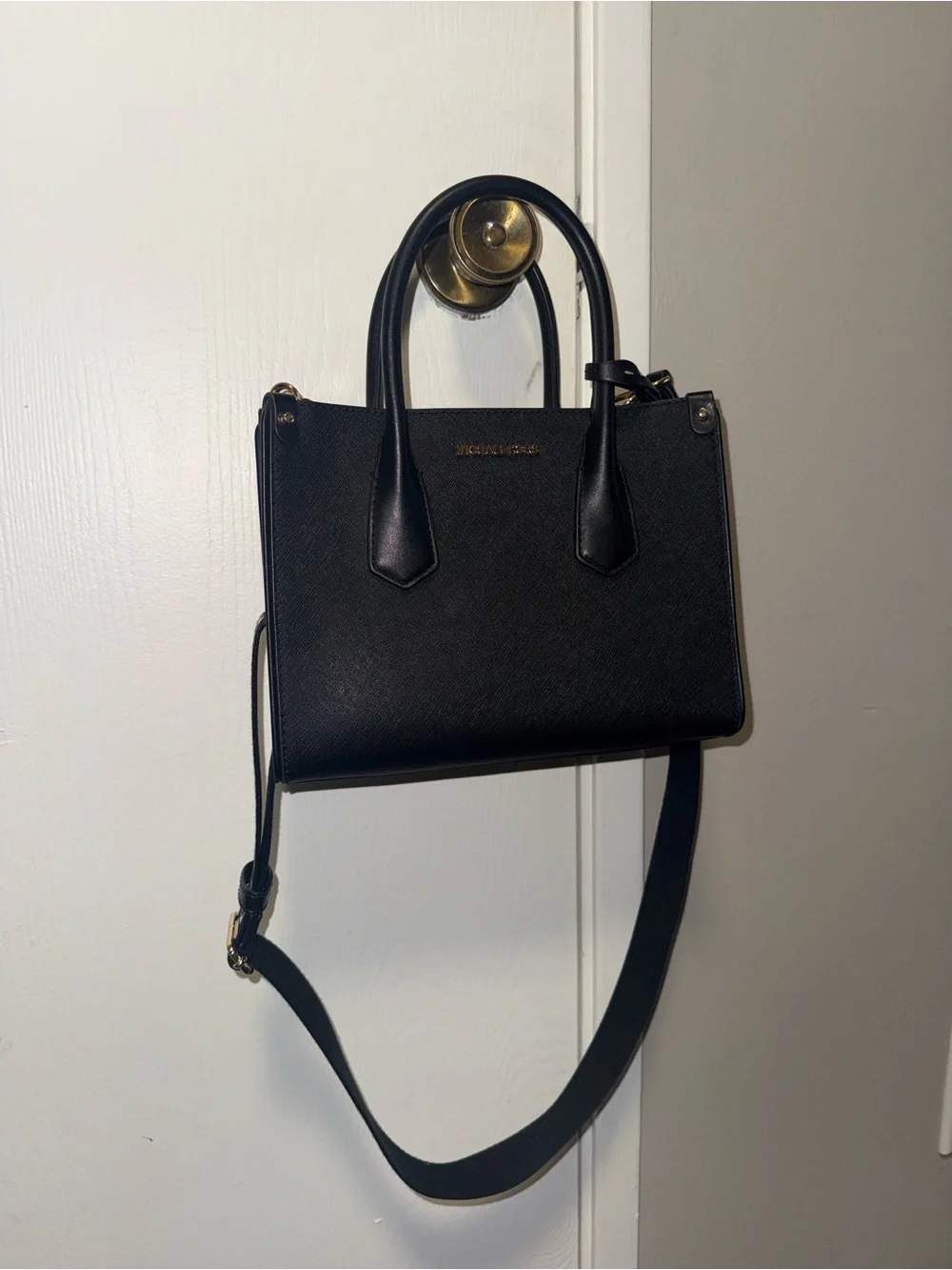 Michael Kors Black Leather Satchel with Gold MK Charm